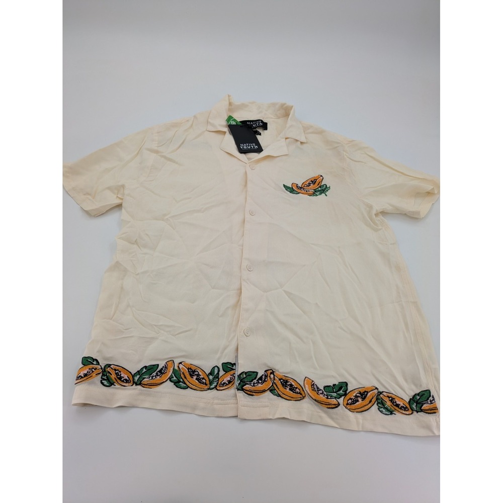 Native Youth Shirt Mens Small‎ Beige Button Up Short Sleeve Papaya Embroidedered